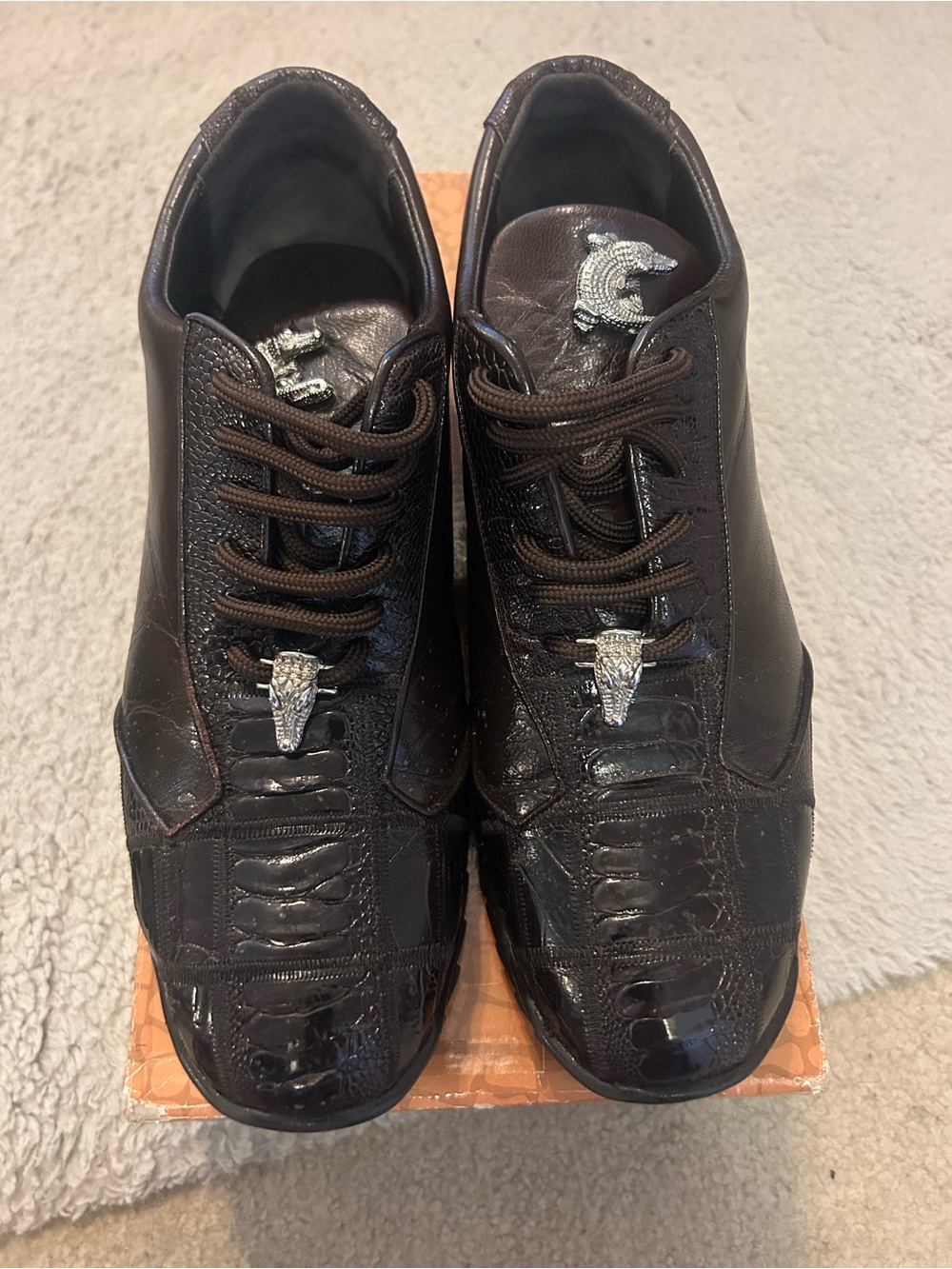 Men's Brown Croc-Embossed Leather Sneakers with Silver Accents